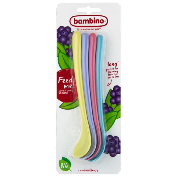 Bambino Långa skedar 4-pack Blandade färger i gruppen Babytillbehör hos Bonti (BAMB522407)