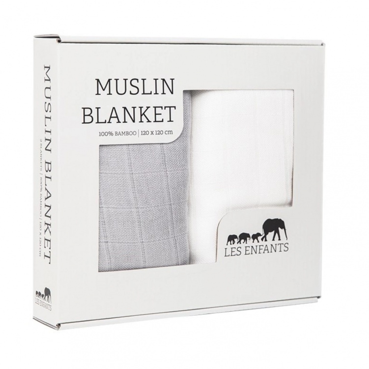 Les Enfants Muslinfilt 2-pack Vit/Grå i gruppen Barnvagnar / Barnvagnstillbehör / Sommartillbehör till barnvagnen hos Bonti (LEEN01-0101)